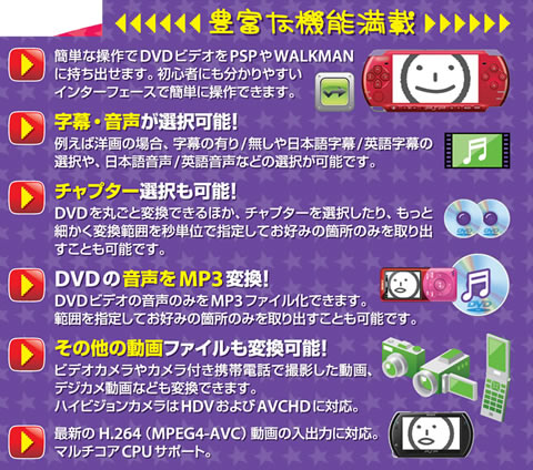 くっきり高画質処理による高画質変換を実現したほか、DVDビデオの音声だけのMP3化や、デジカメやビデオカメラ撮影の動画の変換もできます。わかりやすい画面で簡単に操作できます。字幕・音声・チャプターが選択可能です。