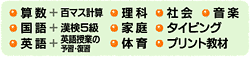 算数+百マス計算/国語+漢検5級/英語+英語授業の予習・復習/理科/社会/音楽/家庭/体育/タイピング/プリント教材